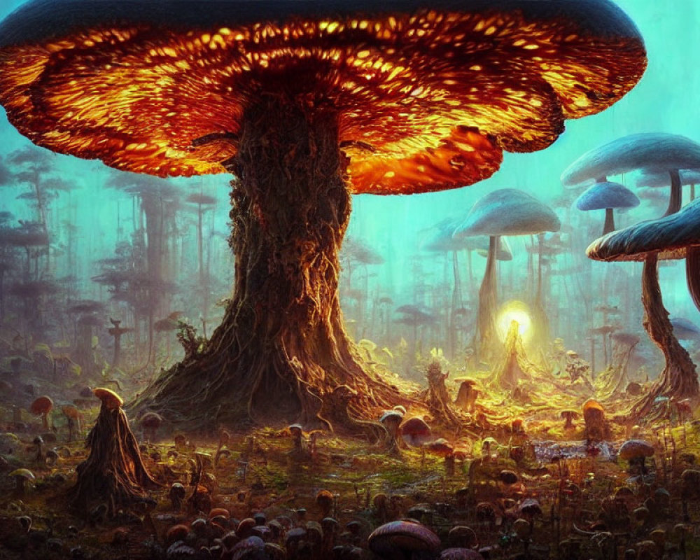 Vibrant forest scene with giant luminescent mushrooms and misty light