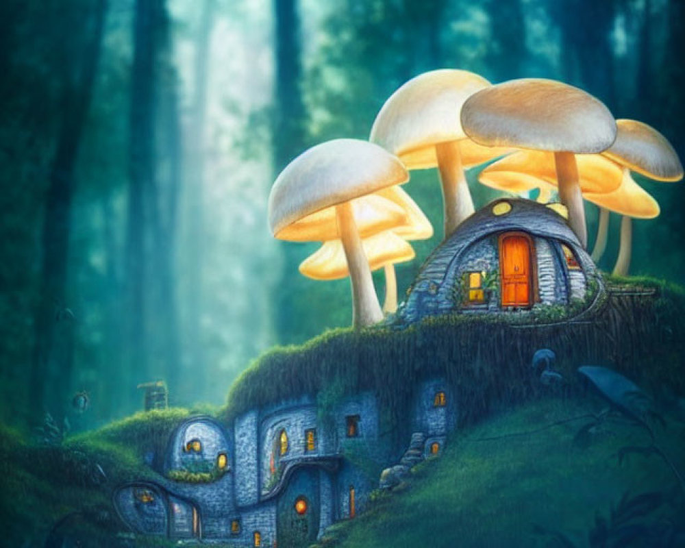 Illustration of cozy fairy-tale house in hill with glowing windows & mushroom caps in misty forest