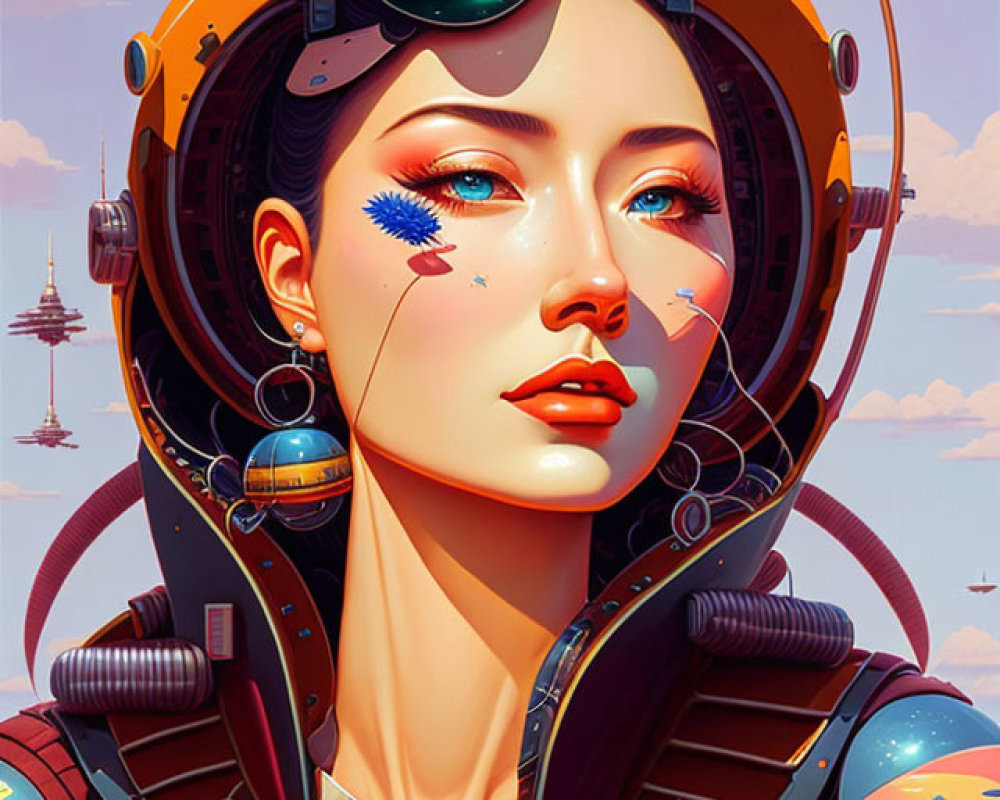 Digital artwork of a woman in futuristic attire with intricate designs against a backdrop of floating structures.