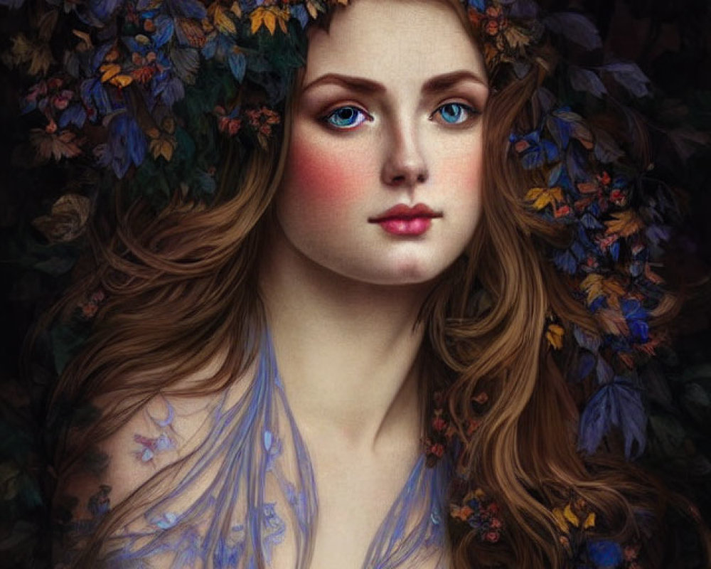 Illustration of woman with long wavy hair, blue eyes, surrounded by colorful leaves and delicate flowers