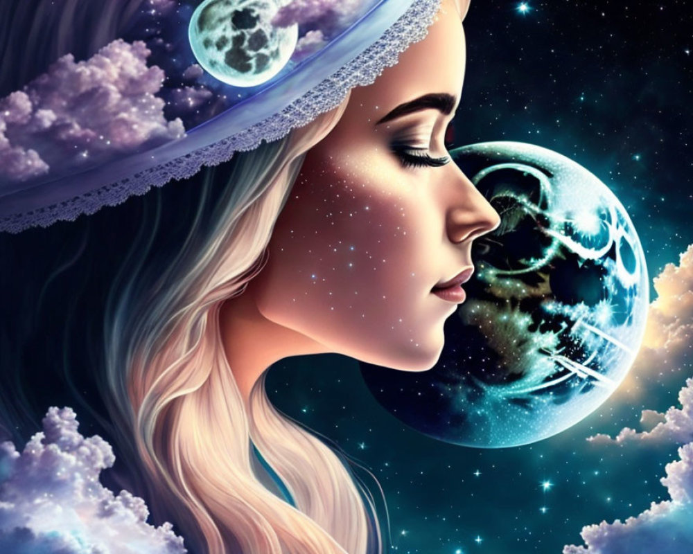 Digital Artwork: Woman with Planets, Stars, and Clouds in Cosmic Setting