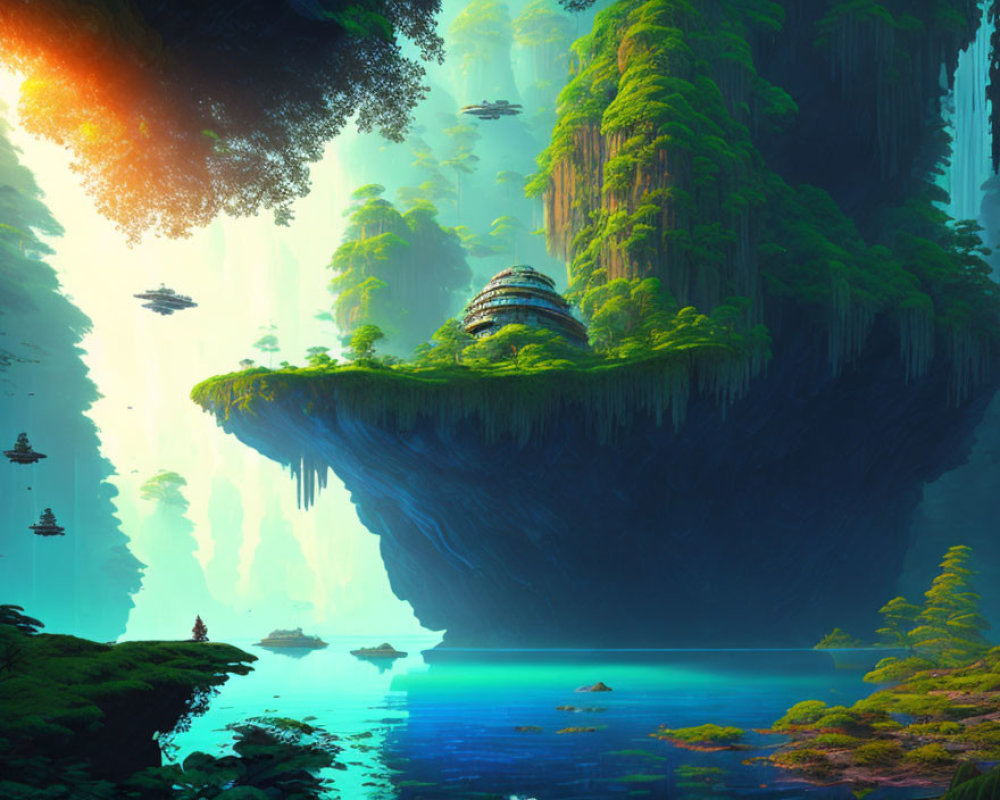 Fantastical landscape with floating island, greenery, waterfalls, futuristic building, and flying ships