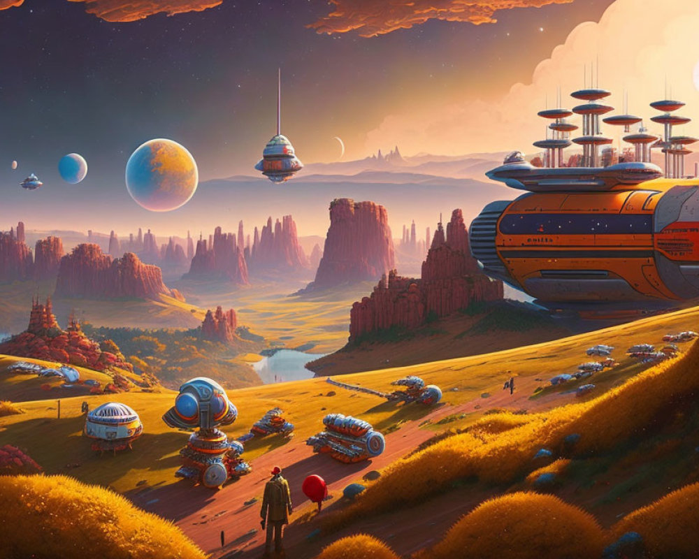 Futuristic sci-fi landscape with space structures and vehicles