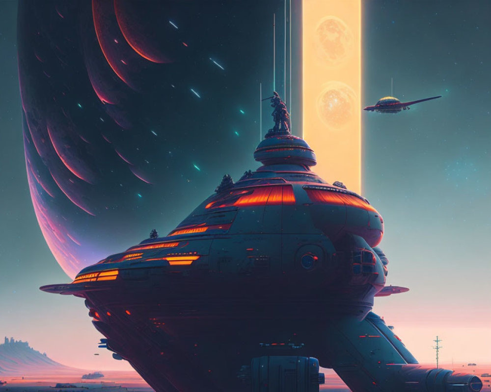 Futuristic cityscape with spaceship, towering structures, and planets at dusk