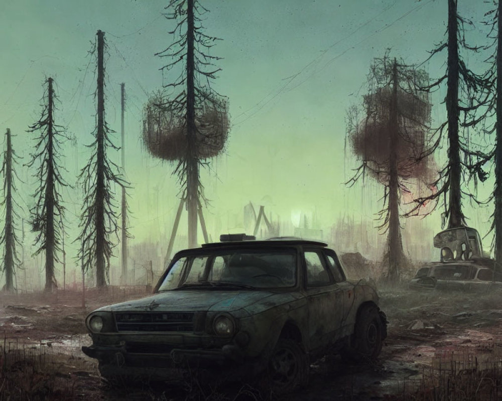 Desolate dystopian landscape with abandoned cars and gloomy sky