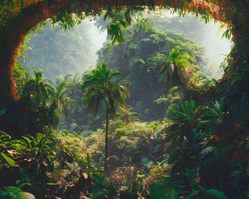 Verdant rainforest with misty foliage through natural leaf archway