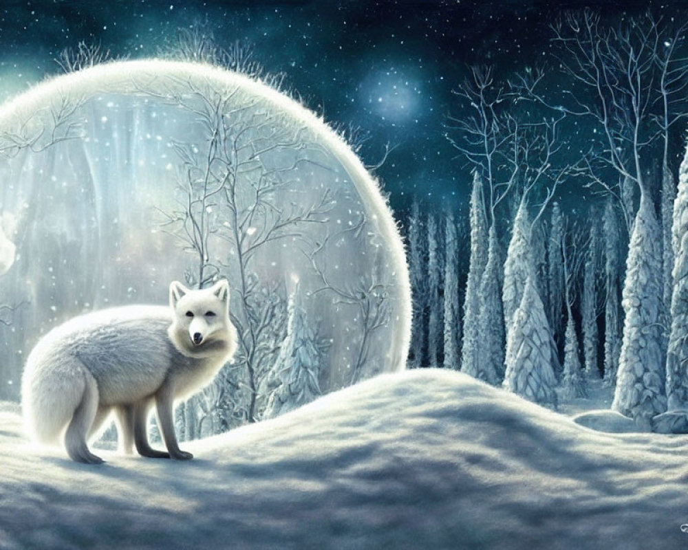 White Fox in Snowy Forest Under Full Moon with Radiant Light