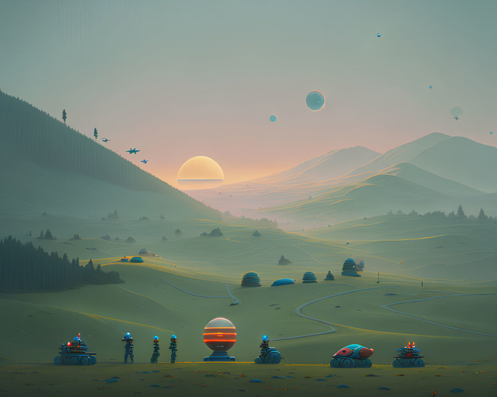 Futuristic landscape with characters in space suits and vehicles under setting sun