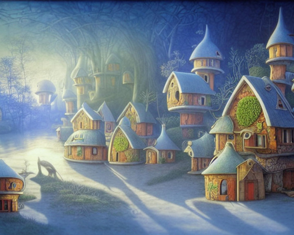 Whimsical village with turrets and fox in mystical forest at twilight