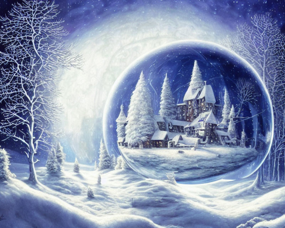 Snowy winter scene with houses in bubble under starry sky & snow-covered trees