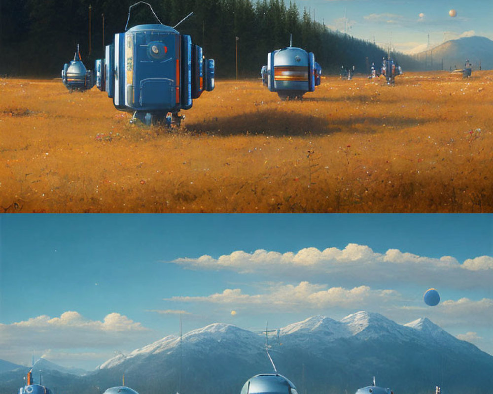 Sci-fi spacecraft in field with forest, mountains, stars, and planets.