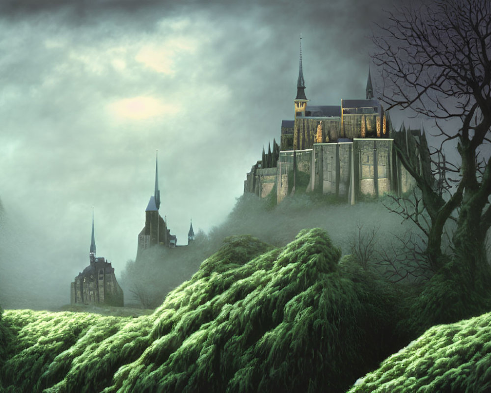 Mystical castle in overgrown greenery under moody sky