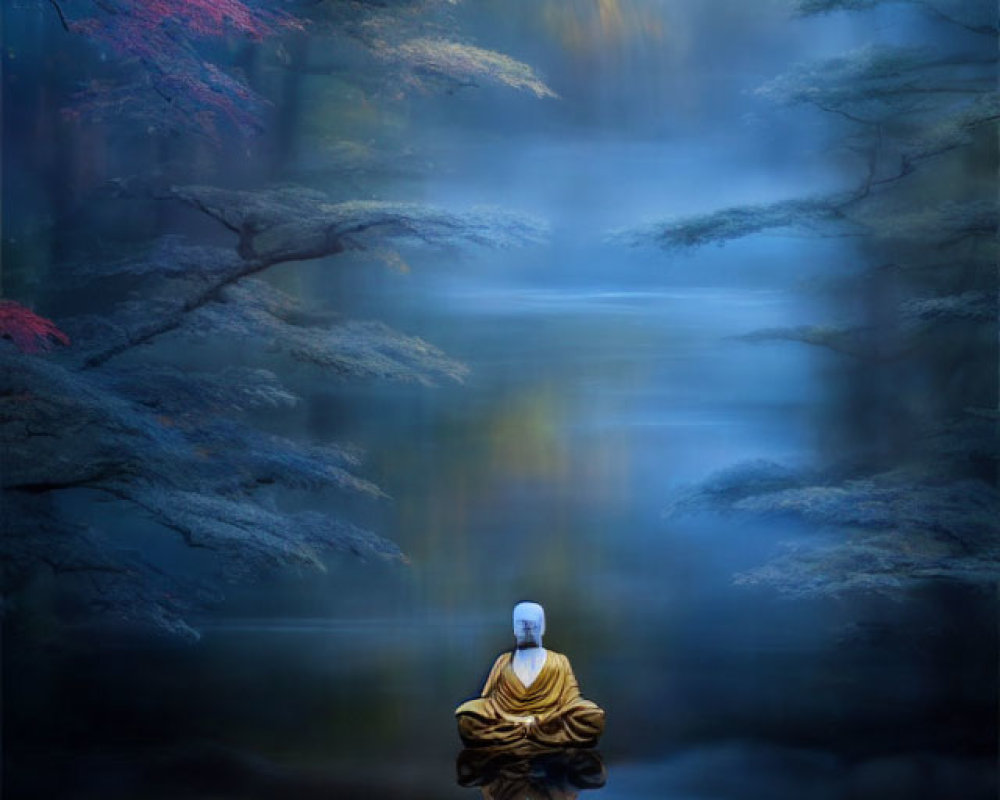 Meditating figure in golden robes above reflective water in misty forest