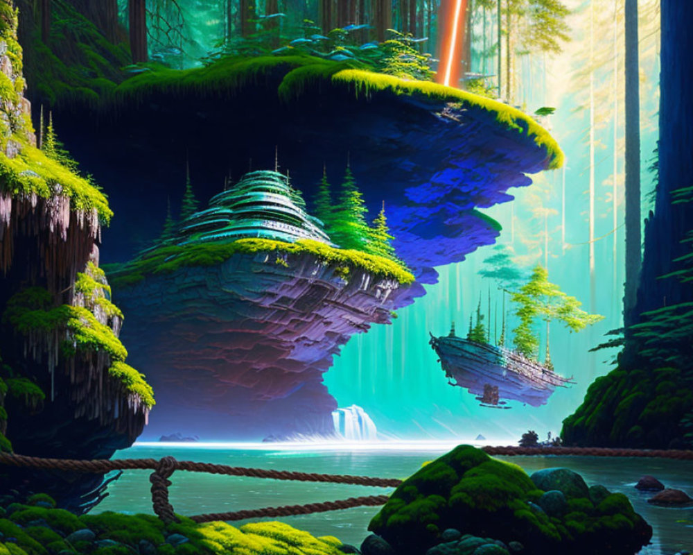 Fantastical forest with floating landmasses and cascading waterfalls