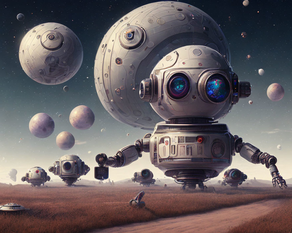 Digital Artwork: Robot with Expressive Eyes and Hovering Orbs in Surreal Landscape