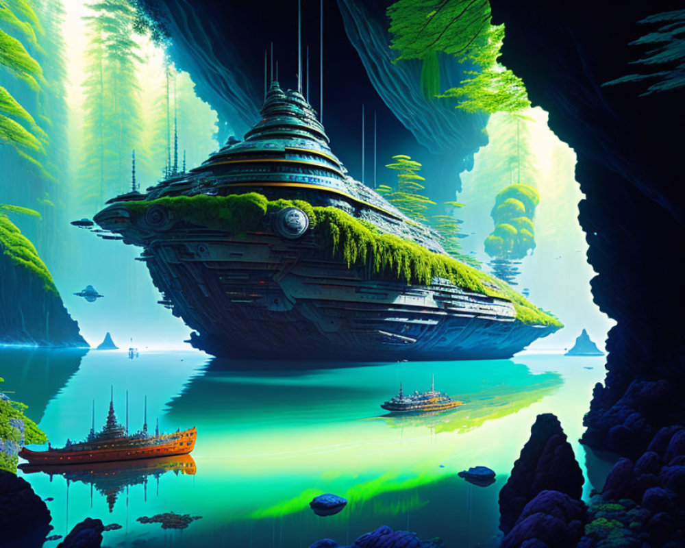 Moss-Covered Spaceship in Vibrant Cavern with Ethereal Light