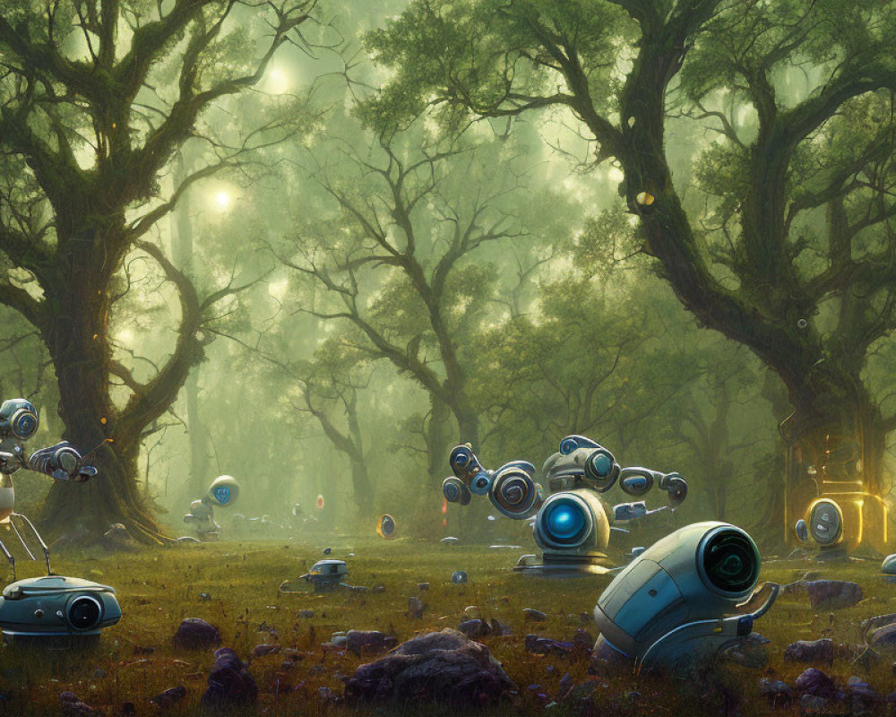 Mystical forest with tall trees and futuristic robots among foggy landscape