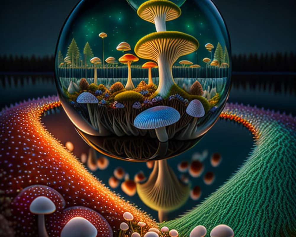 Surreal mushroom illustration with crystal ball and glowing orbs