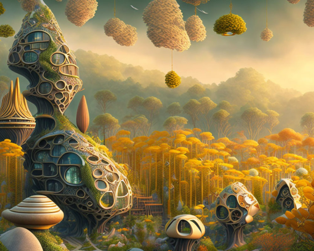 Whimsical fantasy landscape with tree-like structures and beehive-like elements