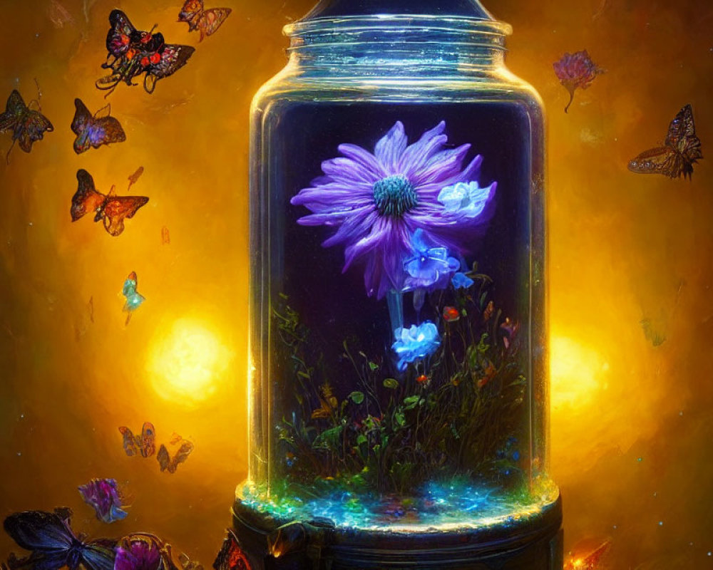 Fantasy scene with glowing violet flower in glass jar and butterflies on golden backdrop