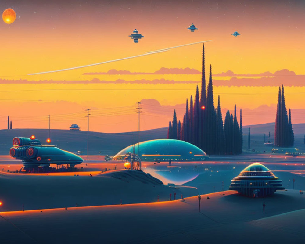 Futuristic desert landscape at sunset with advanced buildings and vehicles