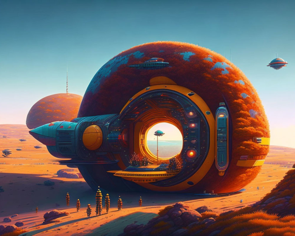 Futuristic fuzzy sphere spacecraft lands on alien desert with hovering ships