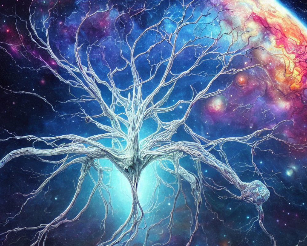 Cosmic tree with neural pathway branches in a star-filled galaxy