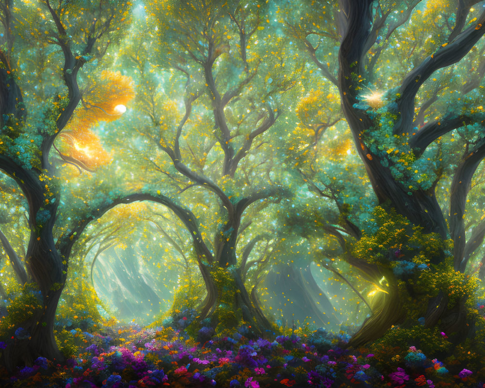 Twisted trees, vibrant leaves, colorful flowers in enchanting forest