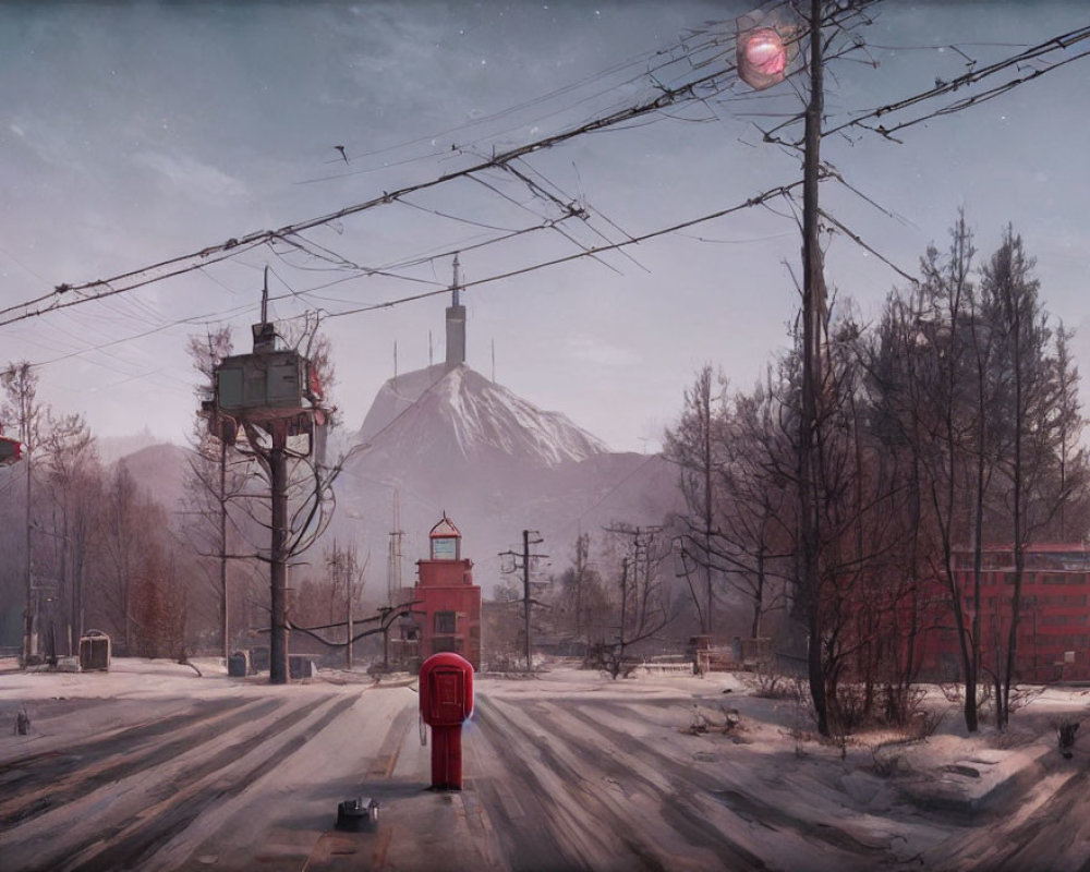 Snowy street with vintage red mailbox and barren trees under overcast sky