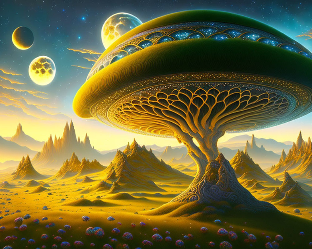 Fantastical landscape with giant mushroom structure and alien terrain