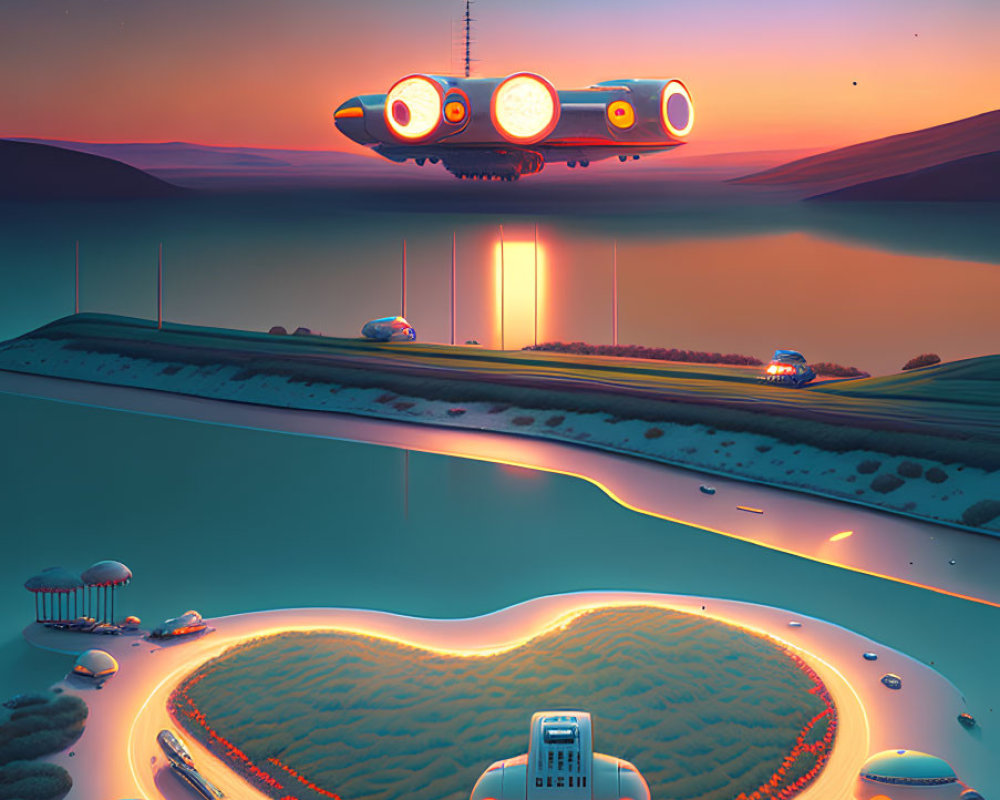 Retro-futuristic flying yellow submarine over heart-shaped island at sunset