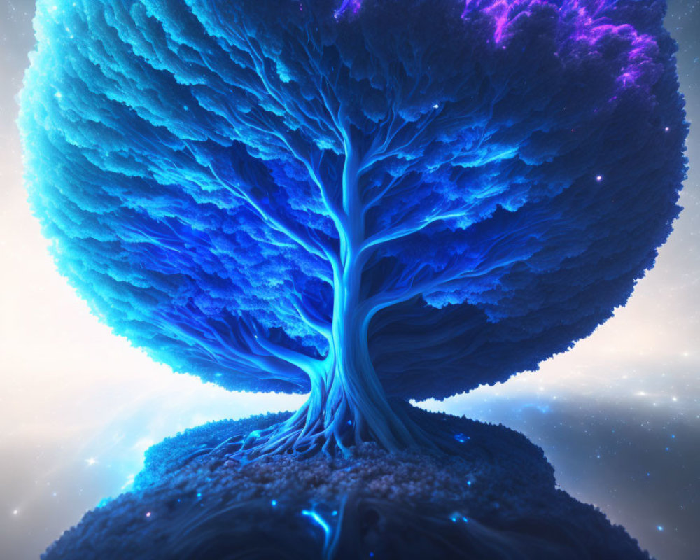 Luminous blue tree with intricate branches against starry sky