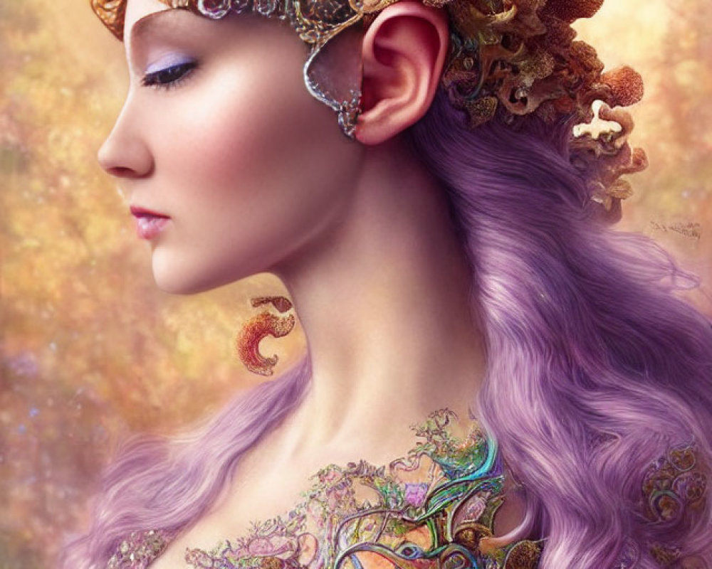 Fantasy portrait of woman with violet hair, ornate antler-like headpiece, and colorful metallic