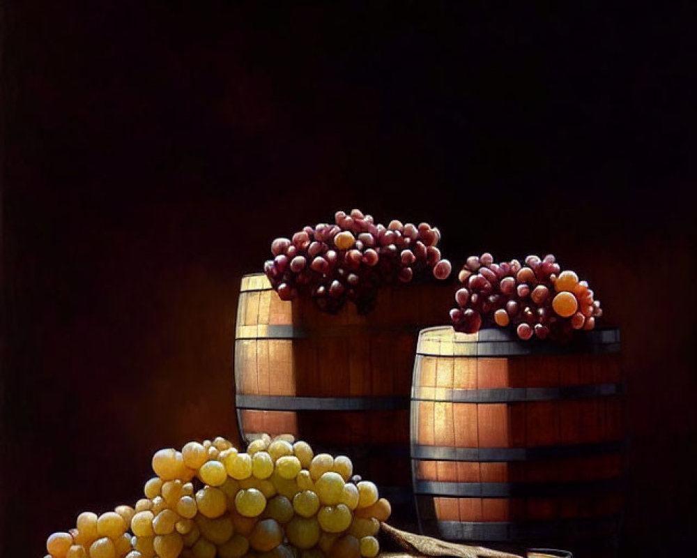 Red and Green Grapes on Wooden Wine Barrels in Dim Lighting