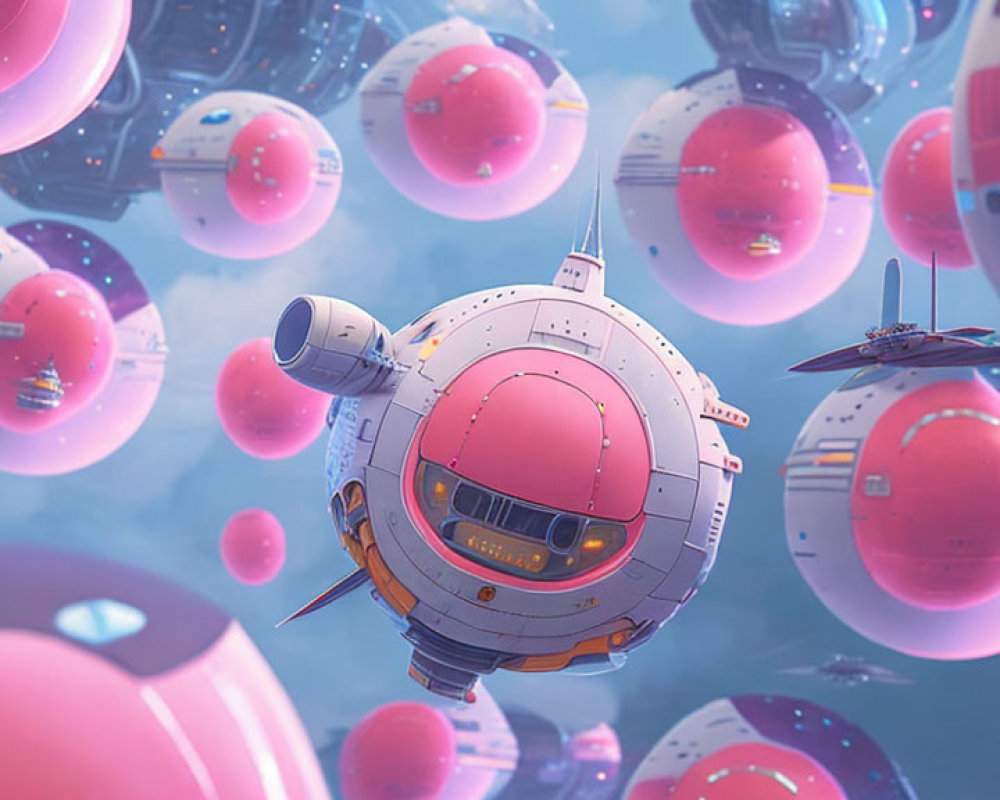 Spherical robotic airships in dreamy blue sky