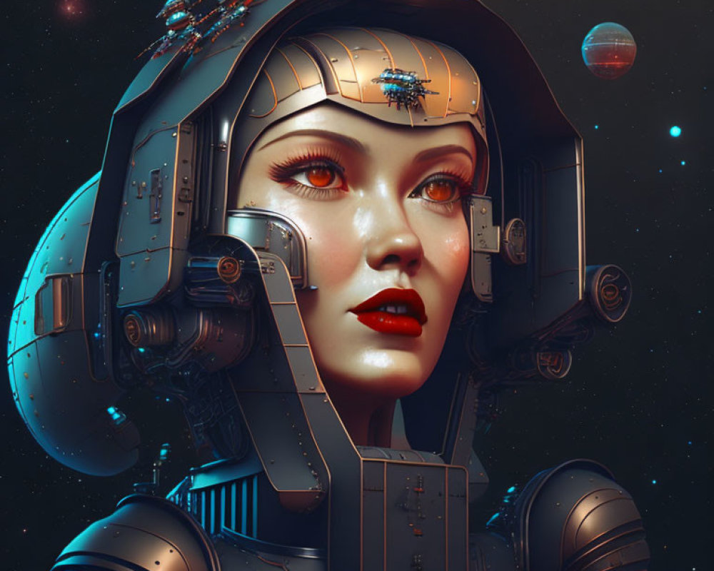 Detailed futuristic female robot head with glowing red eyes against cosmic backdrop