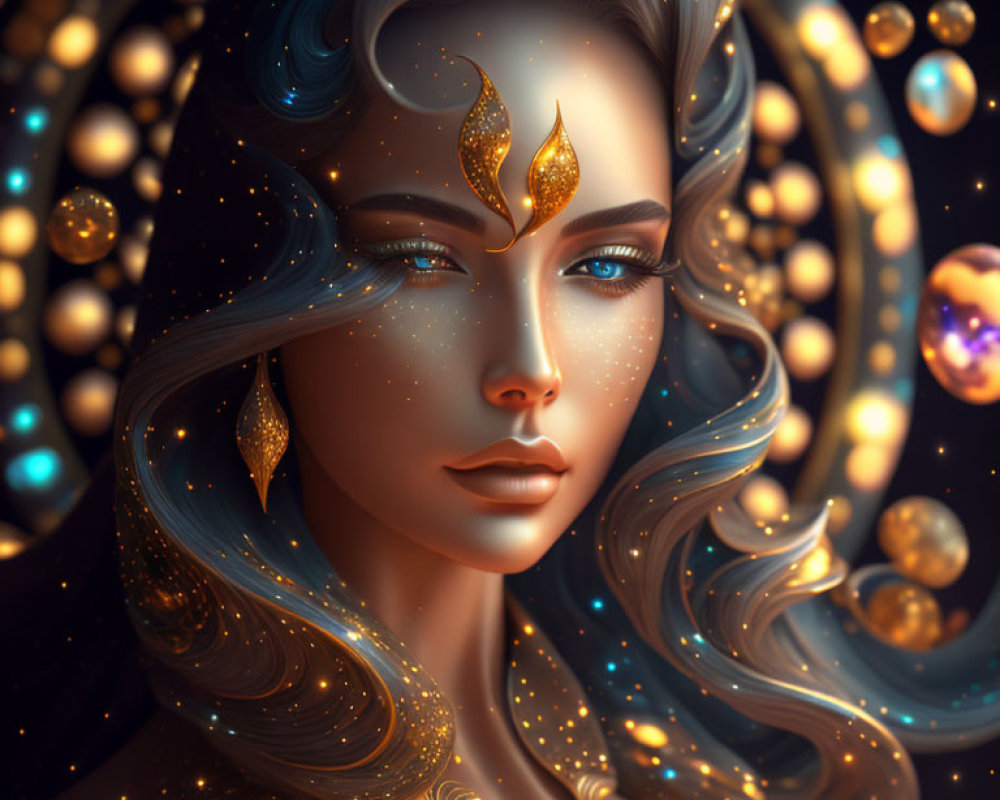 Ethereal digital illustration of woman with blue hair and cosmic background