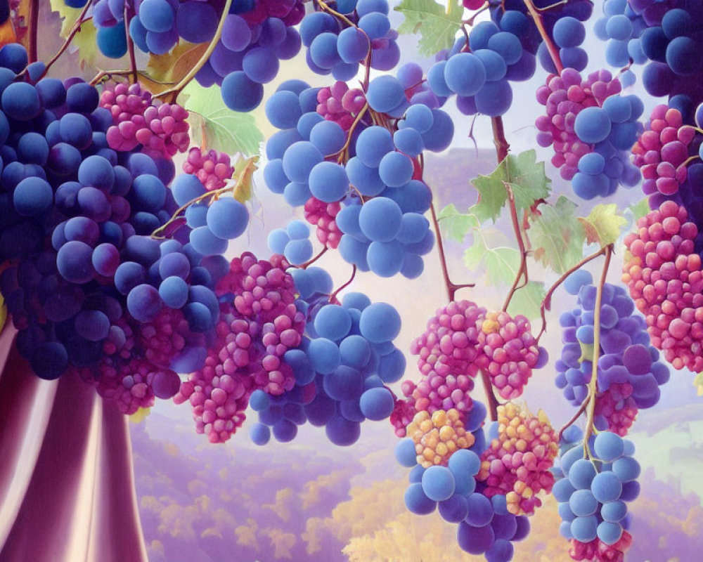 Purple and Blue Grapes on Vine Against Soft Purple Background