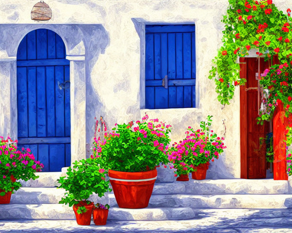 Vibrant Mediterranean Style Building with Blue Doors and Flowers