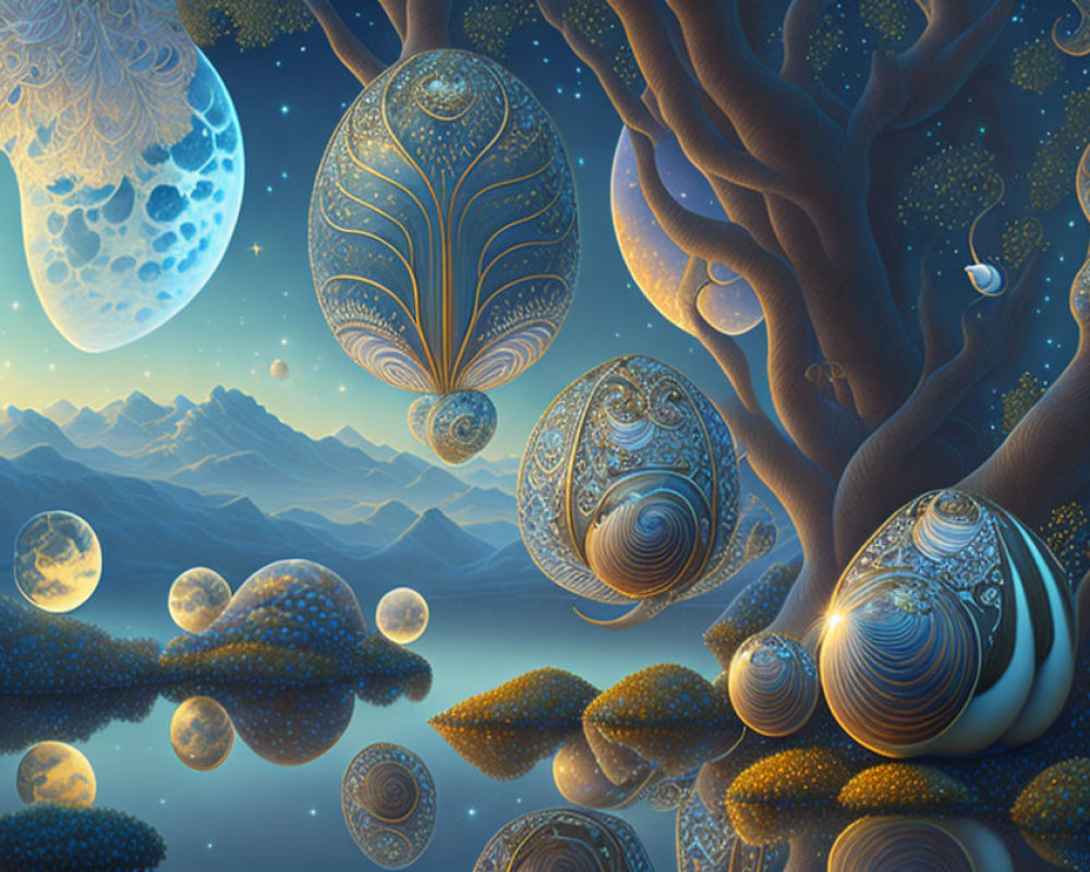 Fantastical night landscape with glowing eggs, grand tree, bubbles, mountains, and intricate moon patterns