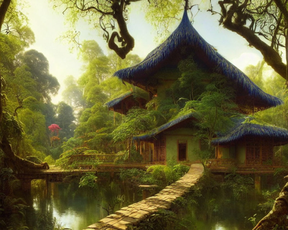 Asian-style Buildings with Blue Roofs in Forest Setting