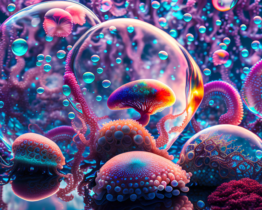 Colorful Jellyfish-Like Creatures in Fantastical Underwater Scene