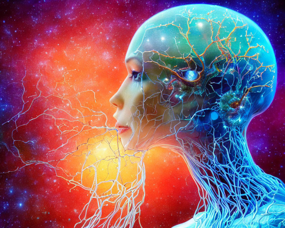 Digital artwork: Human profile with transparent skin showing neurons on cosmic background