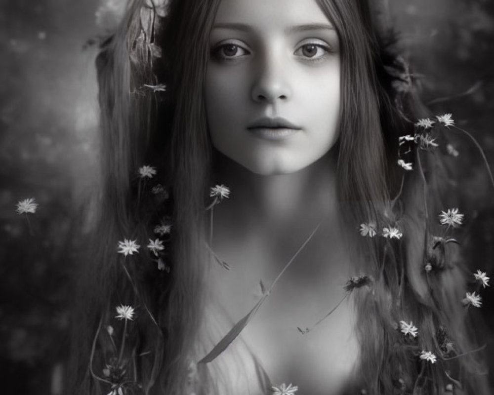 Monochrome portrait of young woman with flowers in hair in soft-focus floral setting