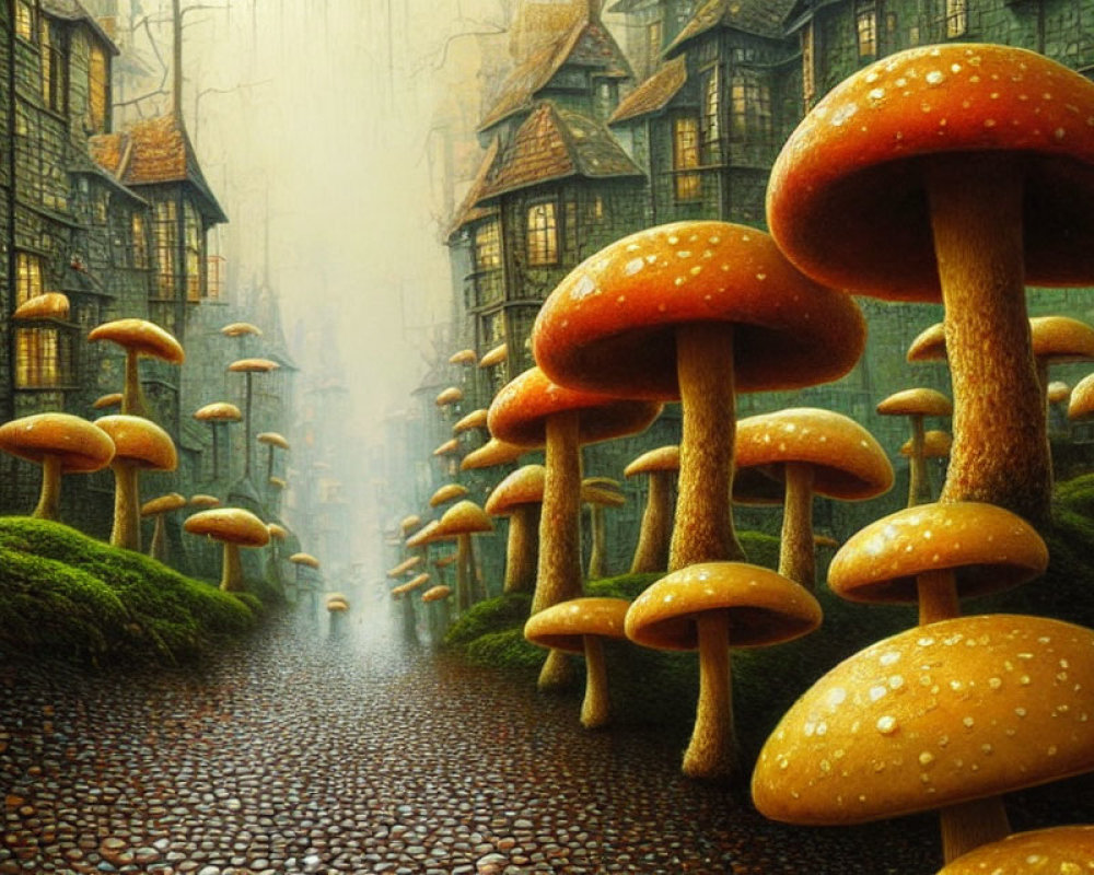 Enchanting cobblestone street with oversized mushrooms and misty aura