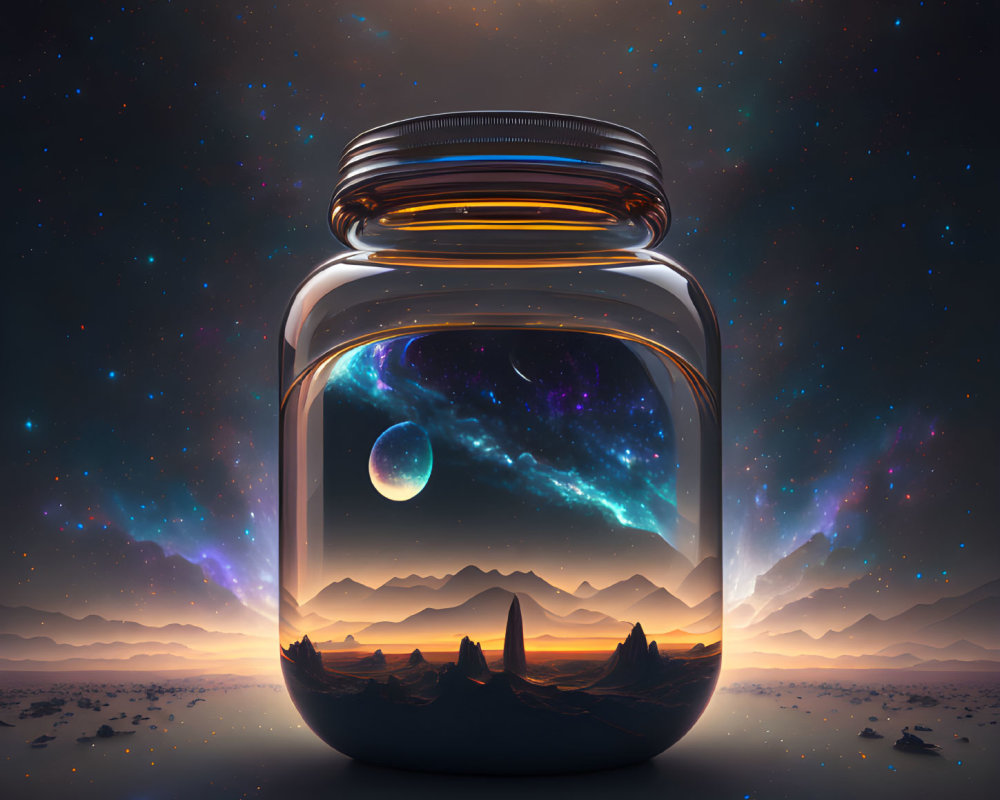 Surreal cosmic landscape in a glass jar with mountains and stars