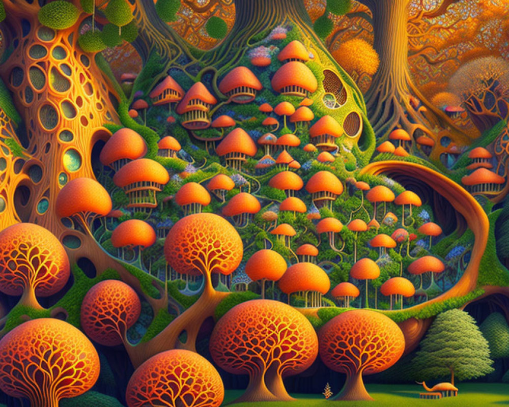 Fantasy landscape with whimsical trees and mushroom houses