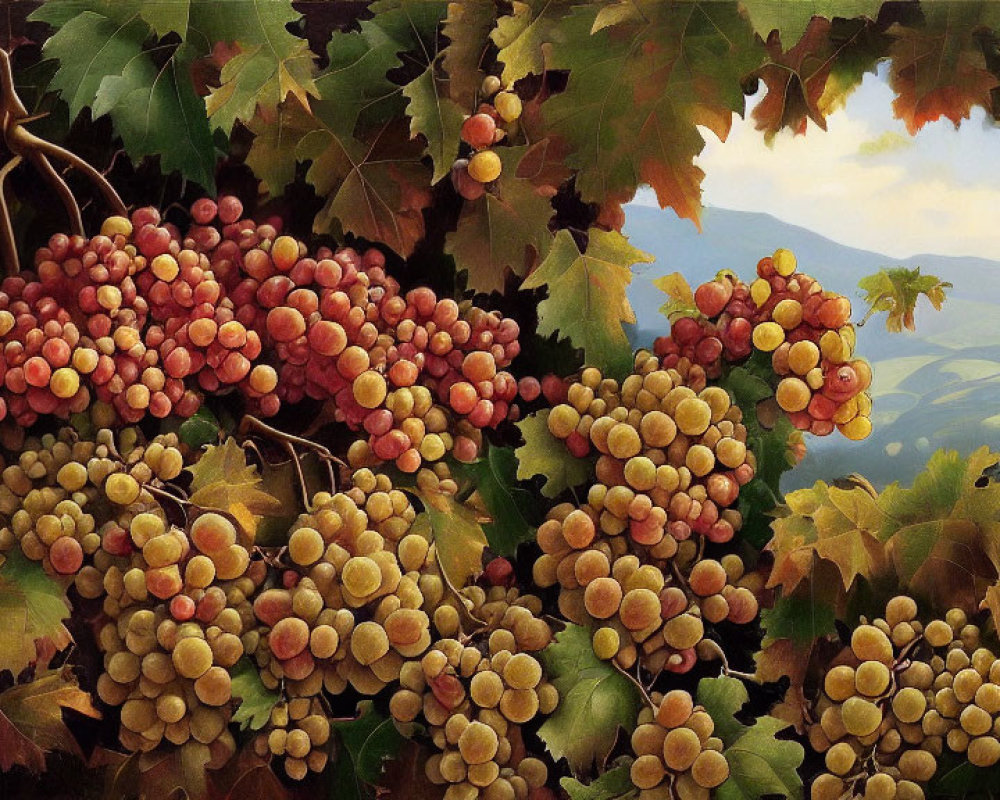 Ripe Multicolored Grapes on Vines with Autumn Leaves