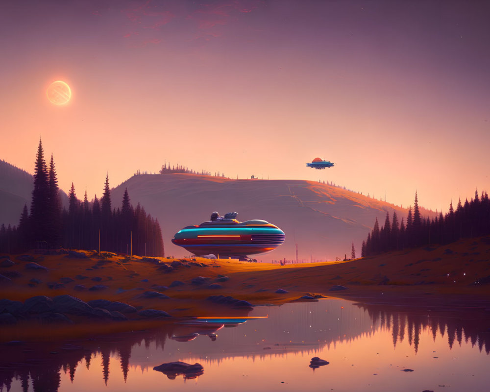 Futuristic flying vehicles over serene lake at dusk