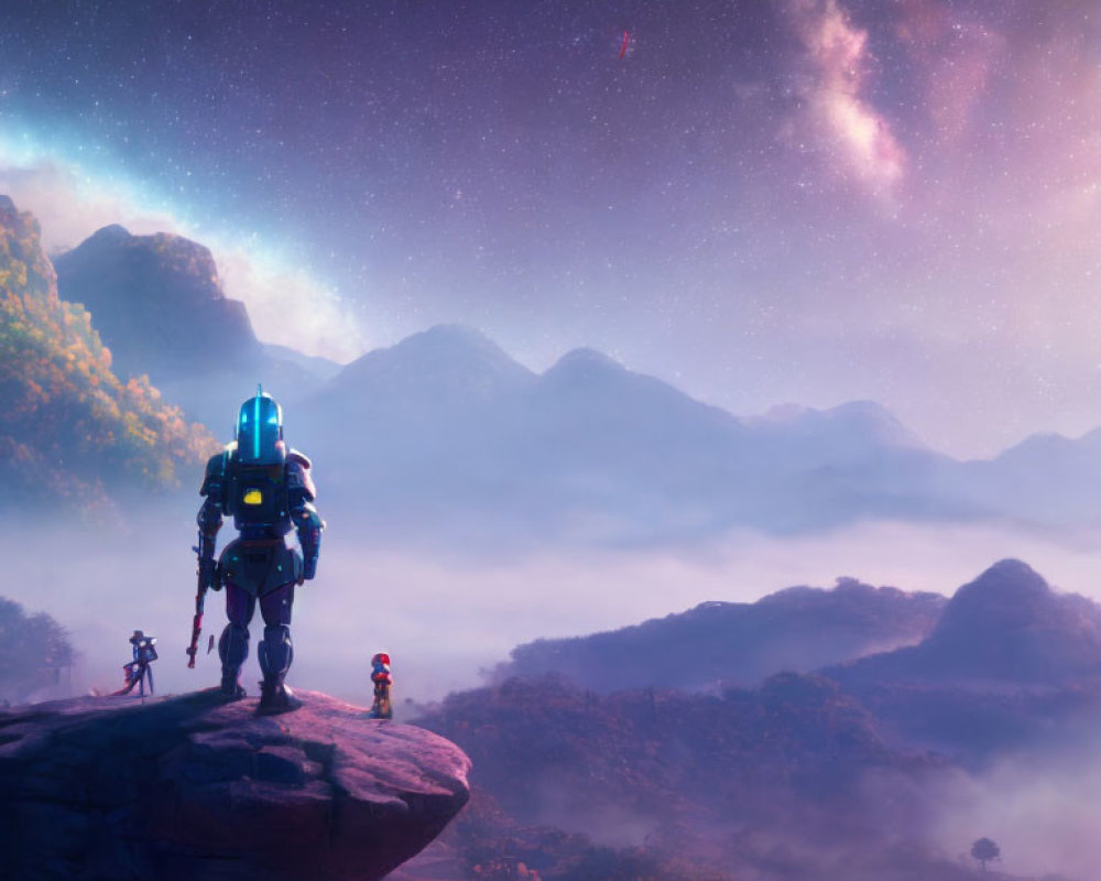 Sci-fi digital artwork: Giant robot, small figures on cliff, misty mountains, starry sky